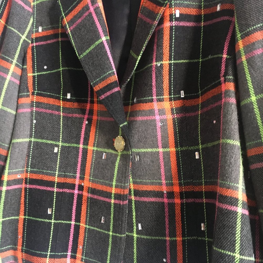 WAKE UP & BUY THIS ADORABE JACKET! Scattered Sparkles Colorful Plaid Blazer - Picture 3 of 4